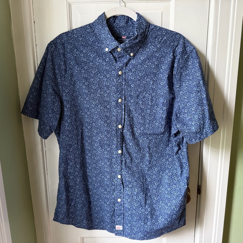 Vineyard Vines Men's Navy Blue Short-Sleeve Floral Button-Down Shirt Size Medium